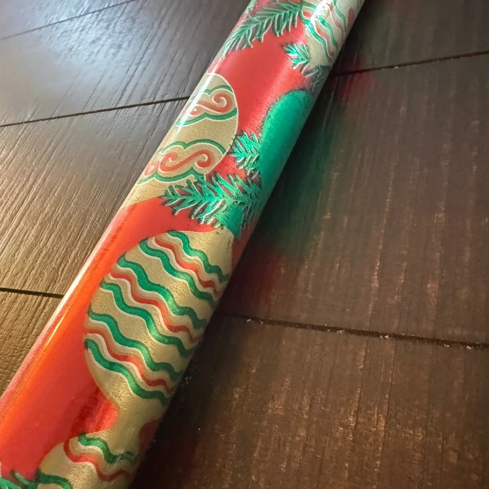 Vintage Galaxy Christmas Foil Wrapping Paper Roll Red Green Gold Ornaments USA